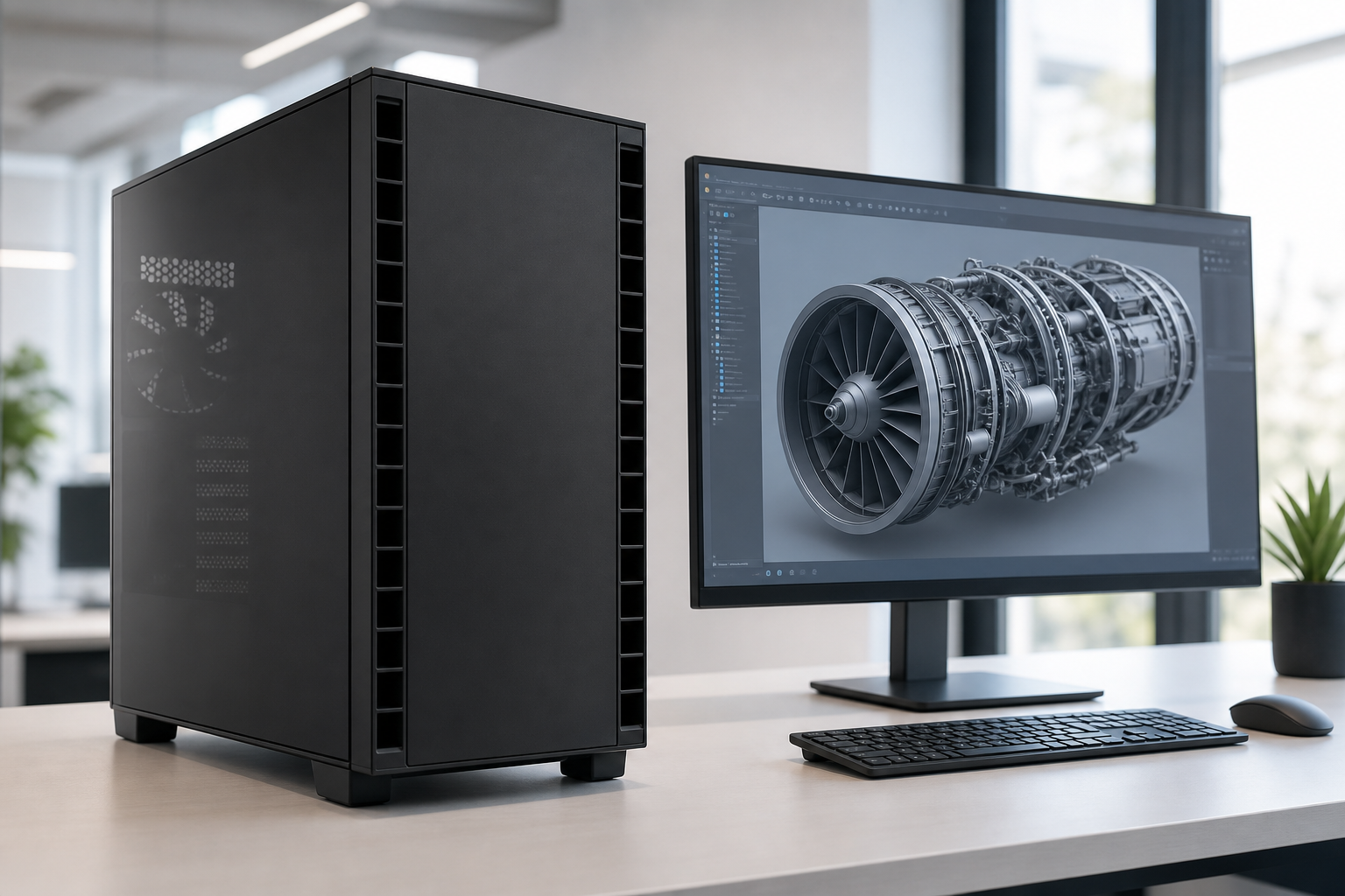 Workstation professionale con monitor che mostra un render CAD